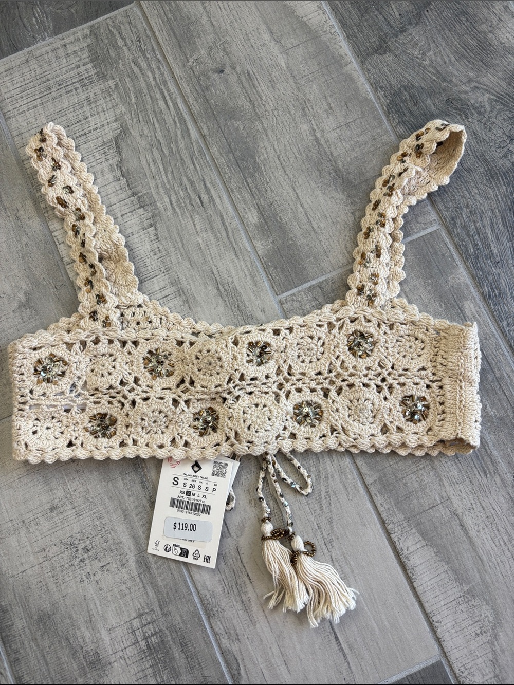 Zara Cream Crochet Crop Top with Tassel Ties NWT - Picture 2 of 4